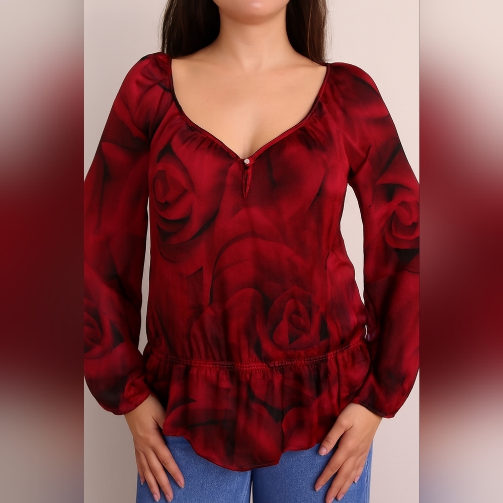 White House Black Market Red Rose Print Long Sleeve Blouse
